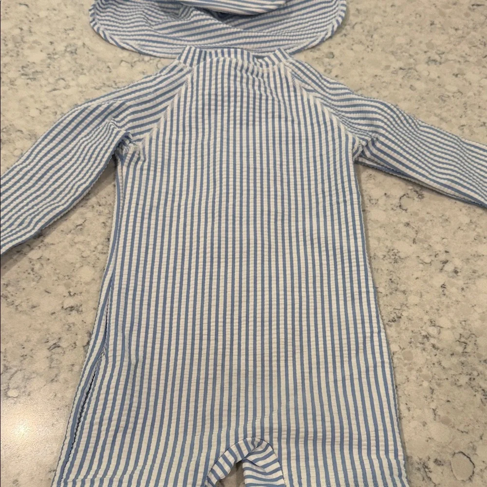 24 mo. Tommy Bahama One-Piece Seersucker Swim Suit in Blue and White Stripes